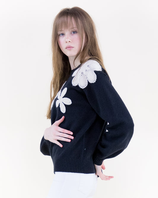 Crochet Embroidered Flowers Crew Neck Sweater