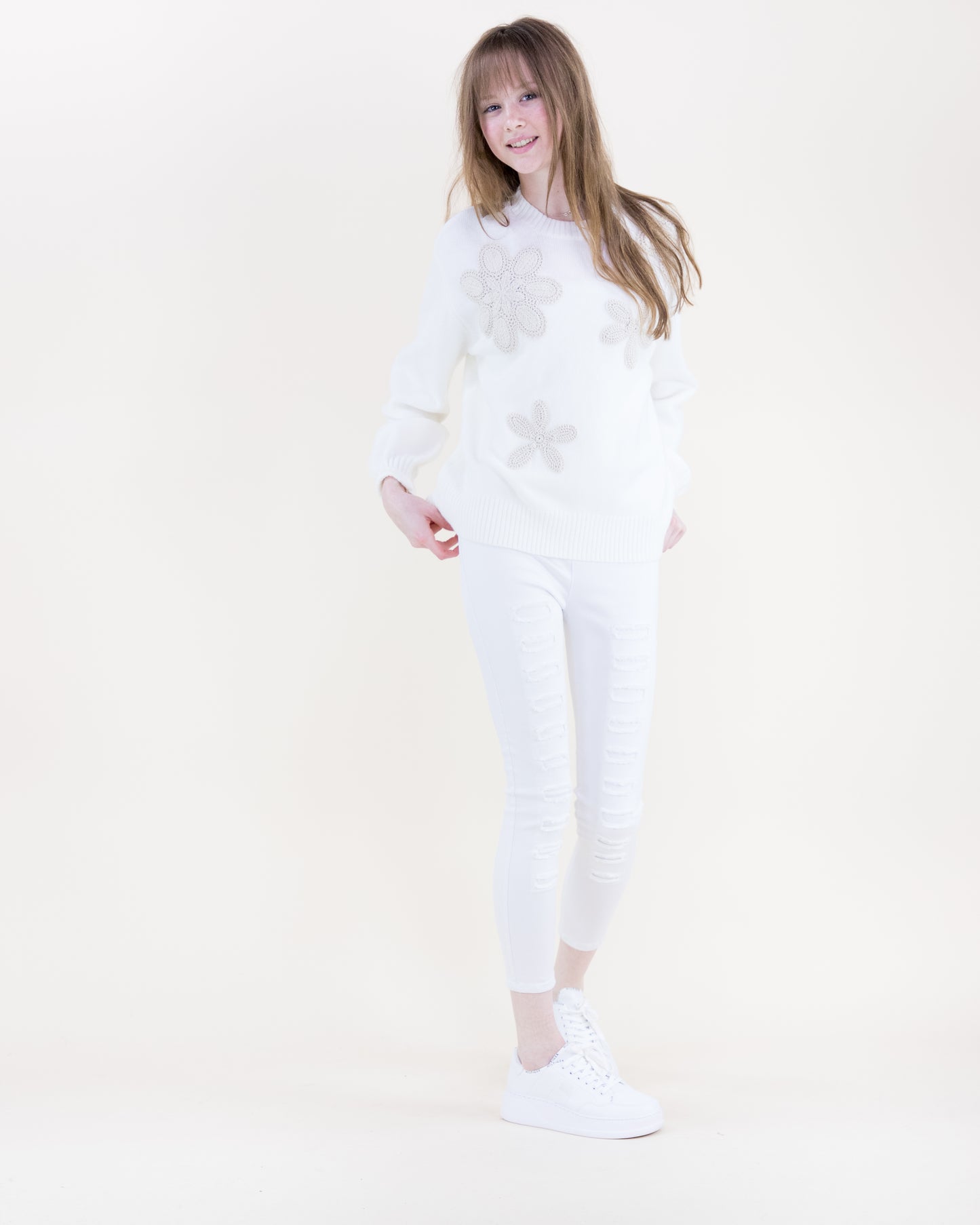 Crochet Embroidered Flowers Crew Neck Sweater
