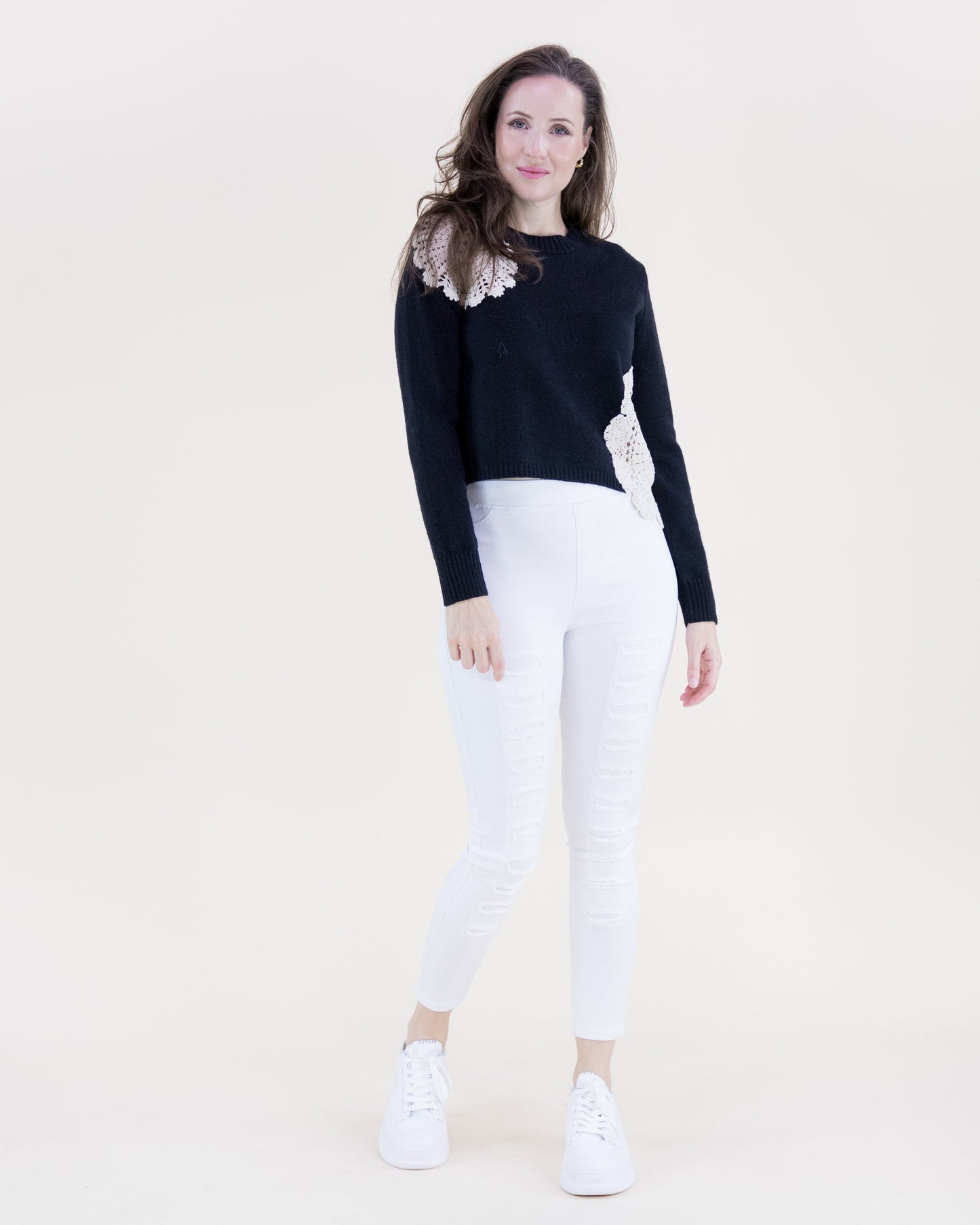 Asymmetrical Crochet Cropped Crew Neck Sweater
