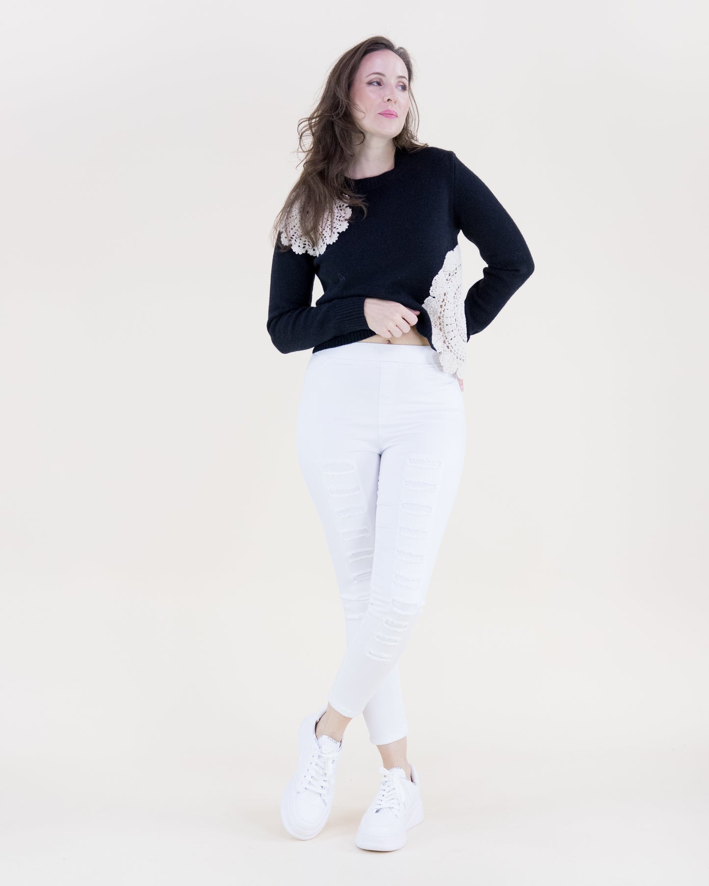Asymmetrical Crochet Cropped Crew Neck Sweater