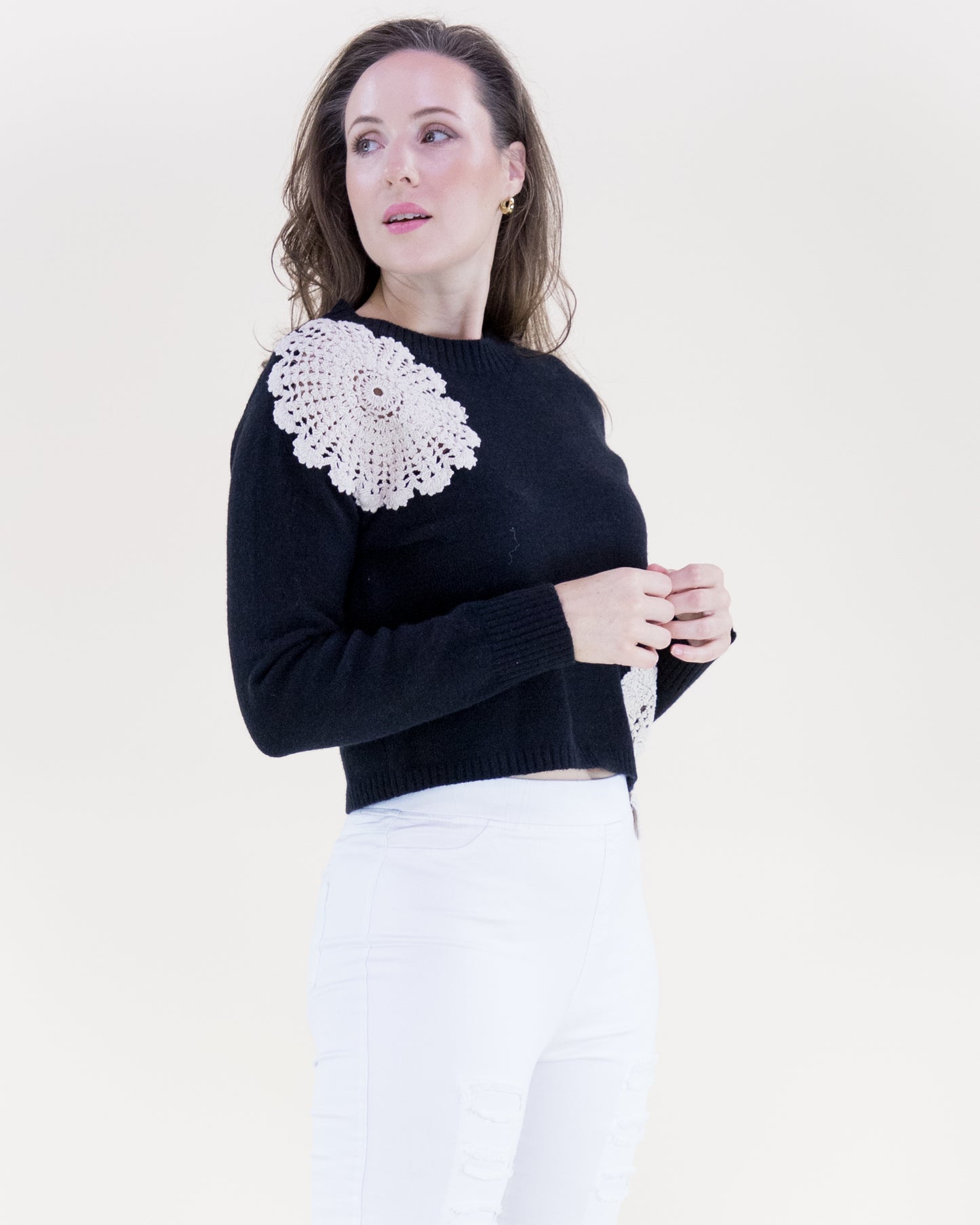Asymmetrical Crochet Cropped Crew Neck Sweater