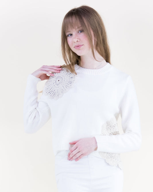 Asymmetrical Crochet Cropped Crew Neck Sweater