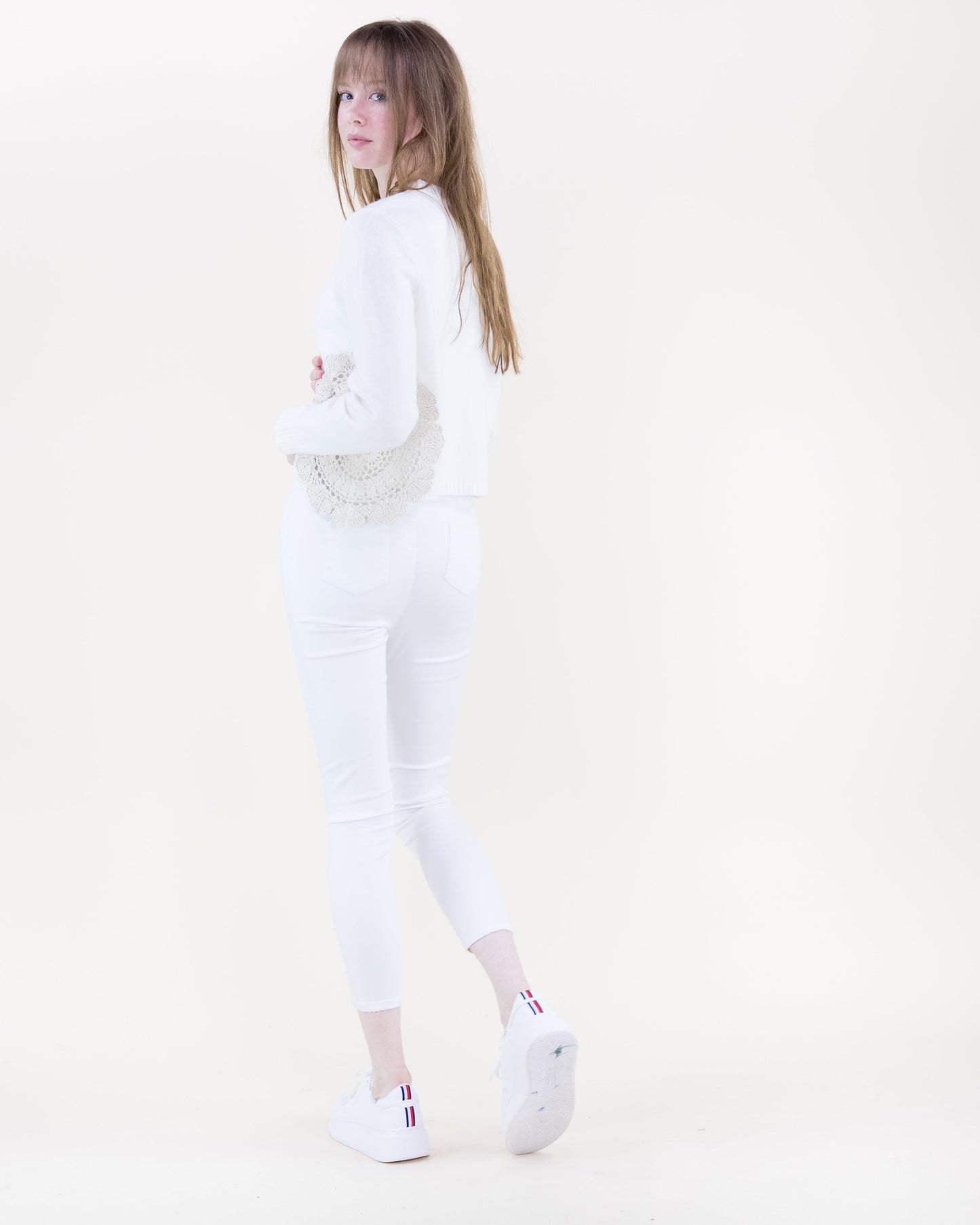 Asymmetrical Crochet Cropped Crew Neck Sweater