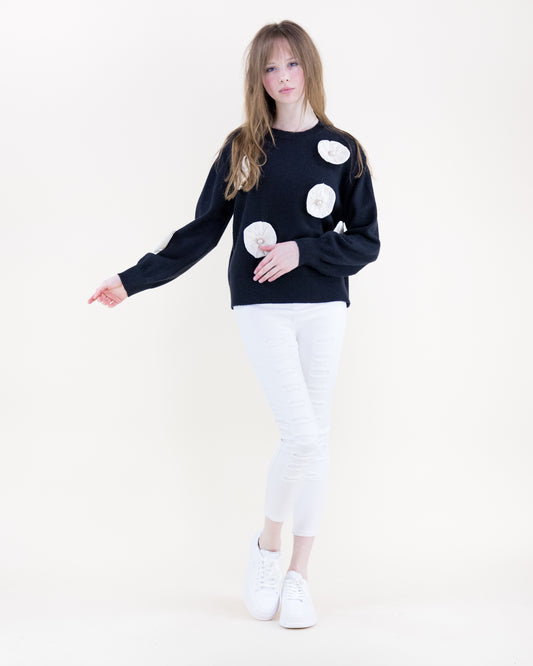 Bold Bloom Appliqué Crew Neck Sweater