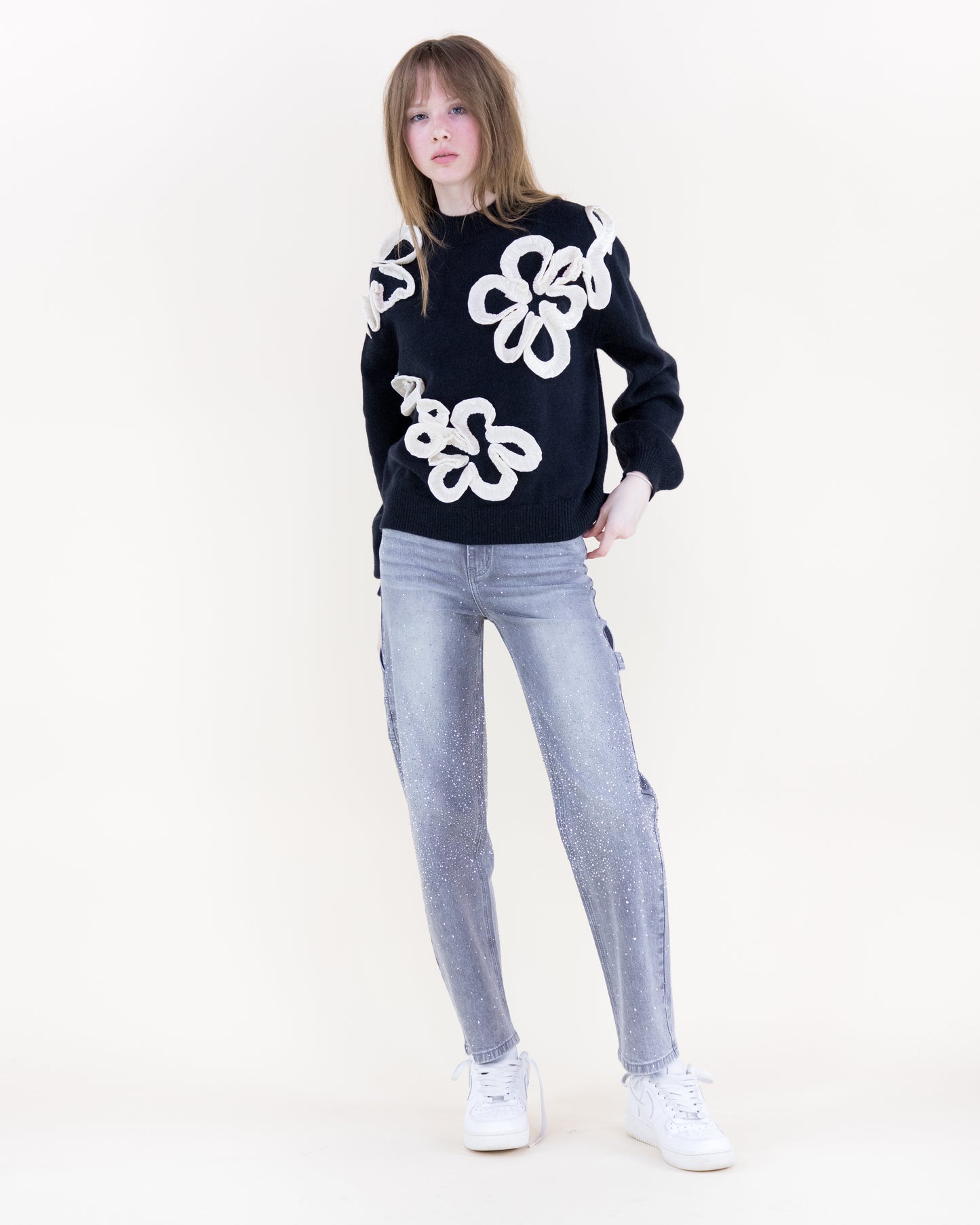 Bold 3D Floral Outline Crew Neck Sweater