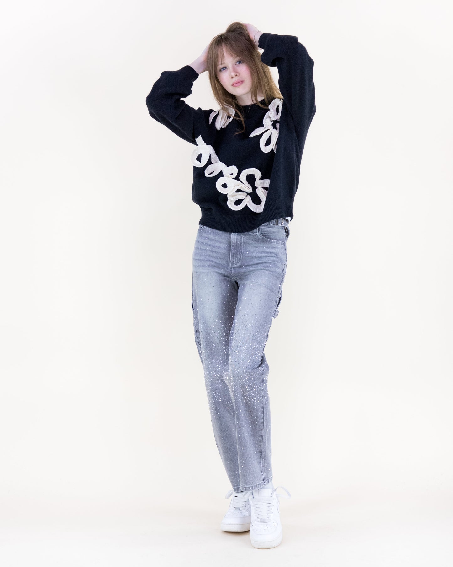 Bold 3D Floral Outline Crew Neck Sweater