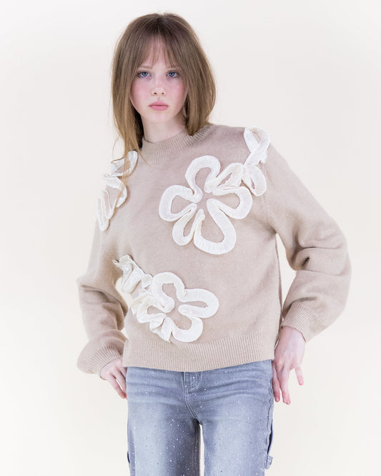 Bold 3D Floral Outline Crew Neck Sweater