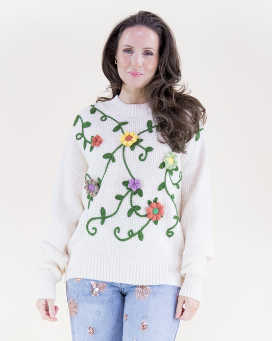 Hand Embroidered Floral Vines Crew Neck Sweater