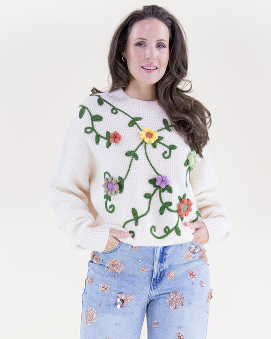 Hand Embroidered Floral Vines Crew Neck Sweater