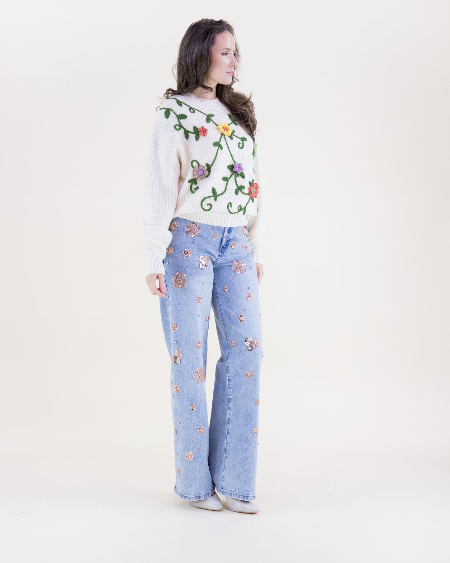 Hand Embroidered Floral Vines Crew Neck Sweater
