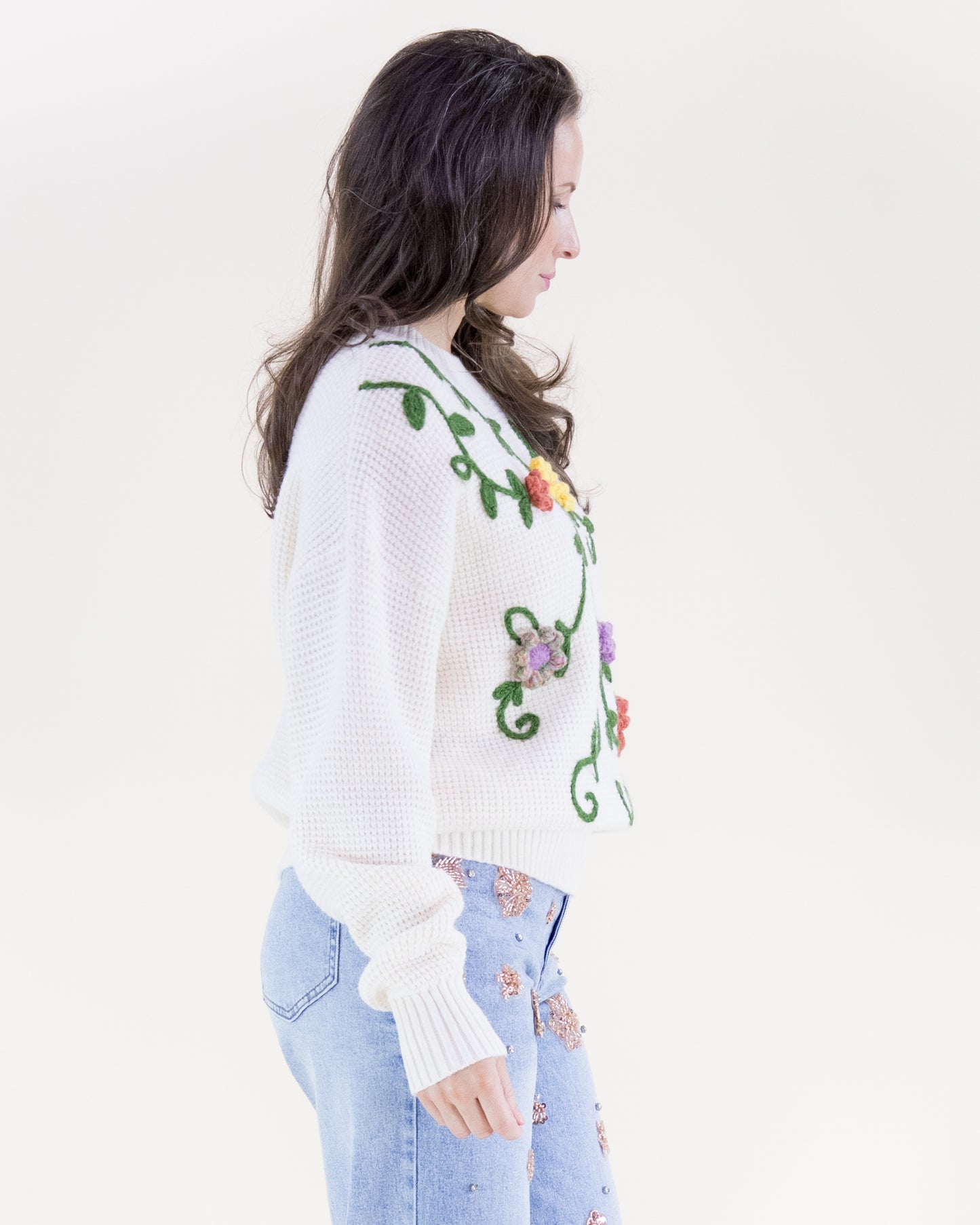 Hand Embroidered Floral Vines Crew Neck Sweater