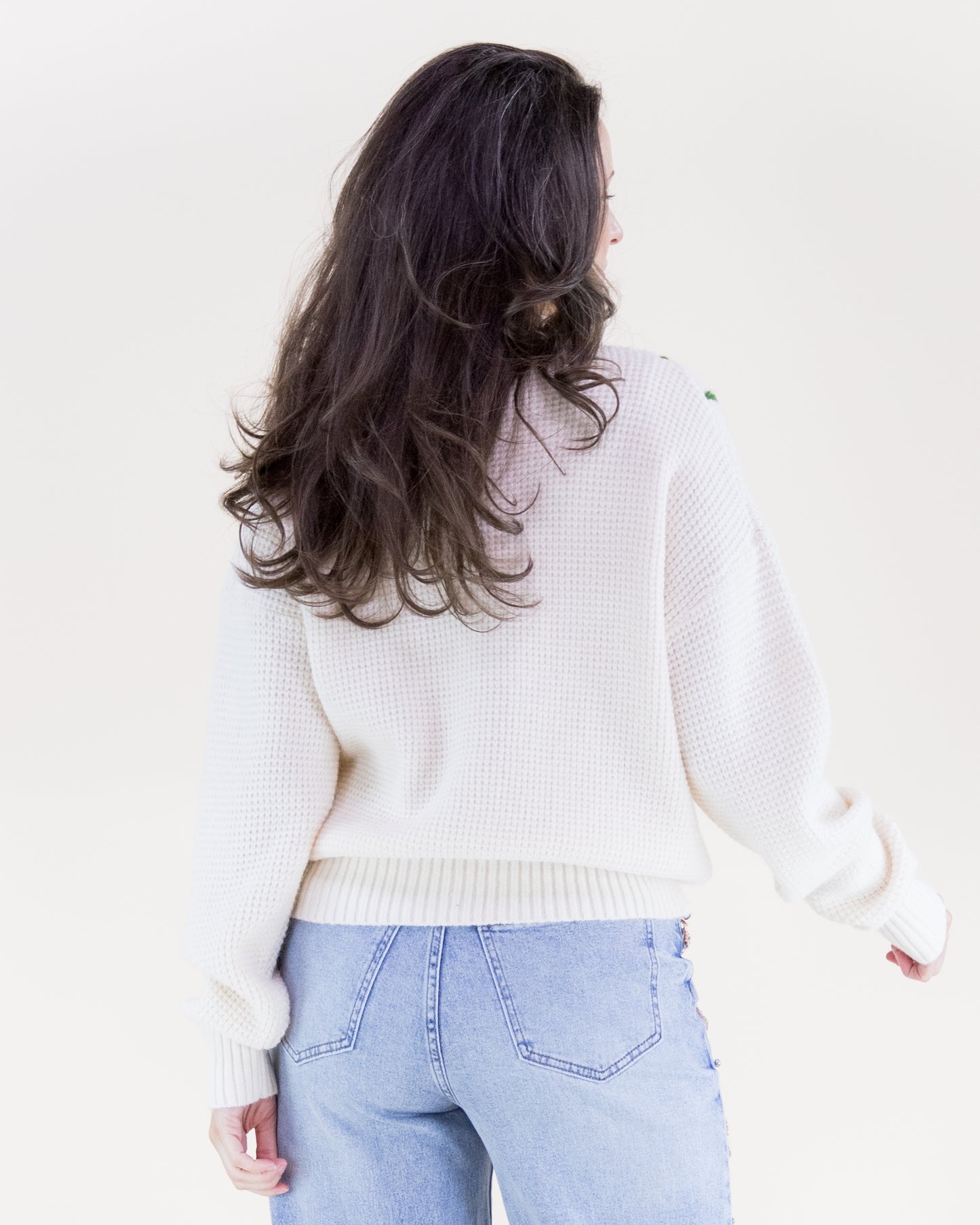 Hand Embroidered Floral Vines Crew Neck Sweater