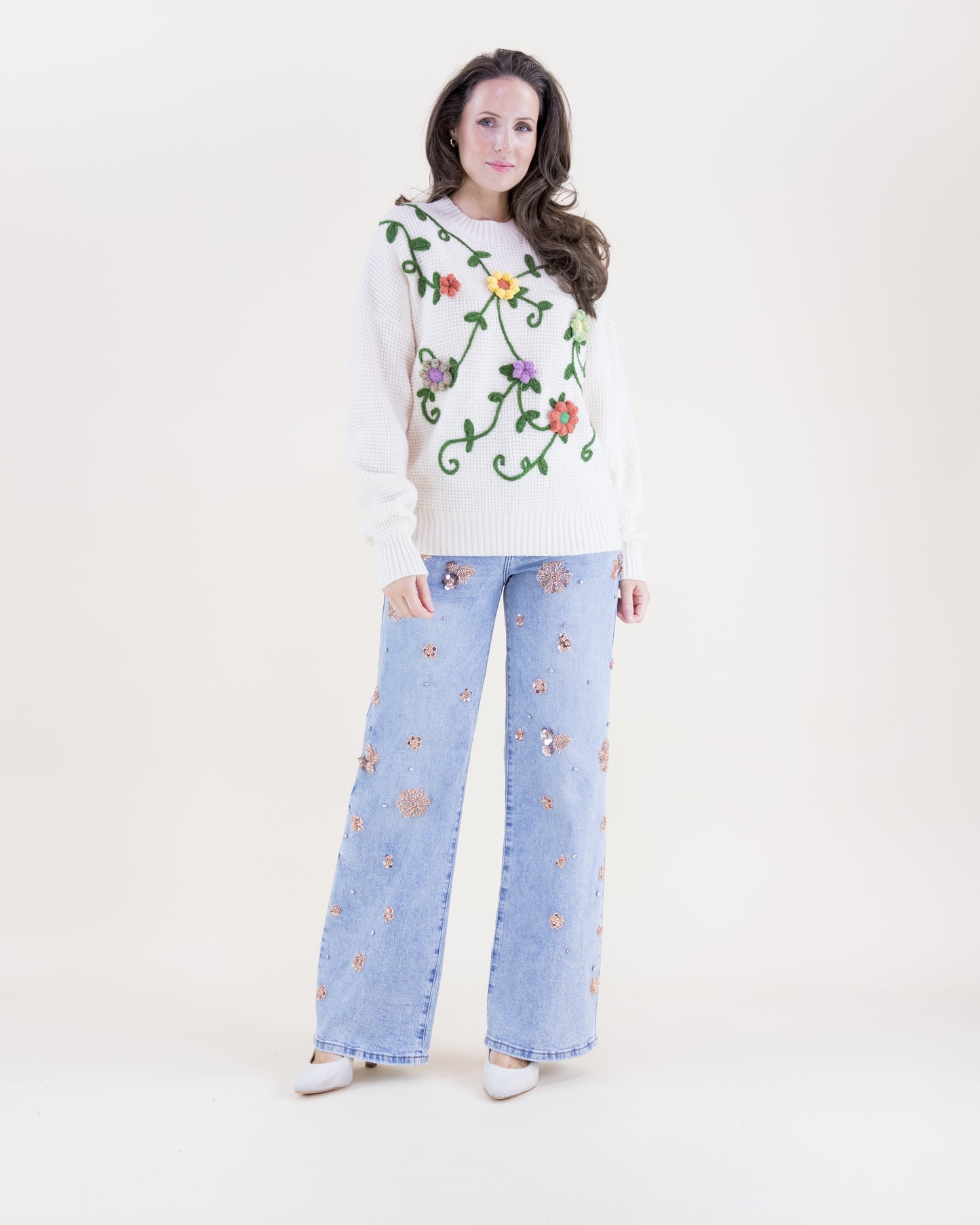 Hand Embroidered Floral Vines Crew Neck Sweater