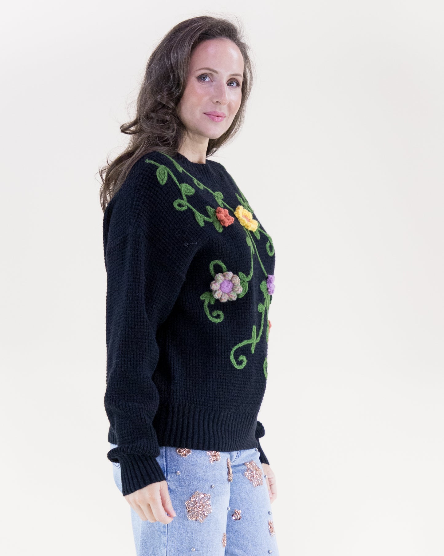Hand Embroidered Floral Vines Crew Neck Sweater