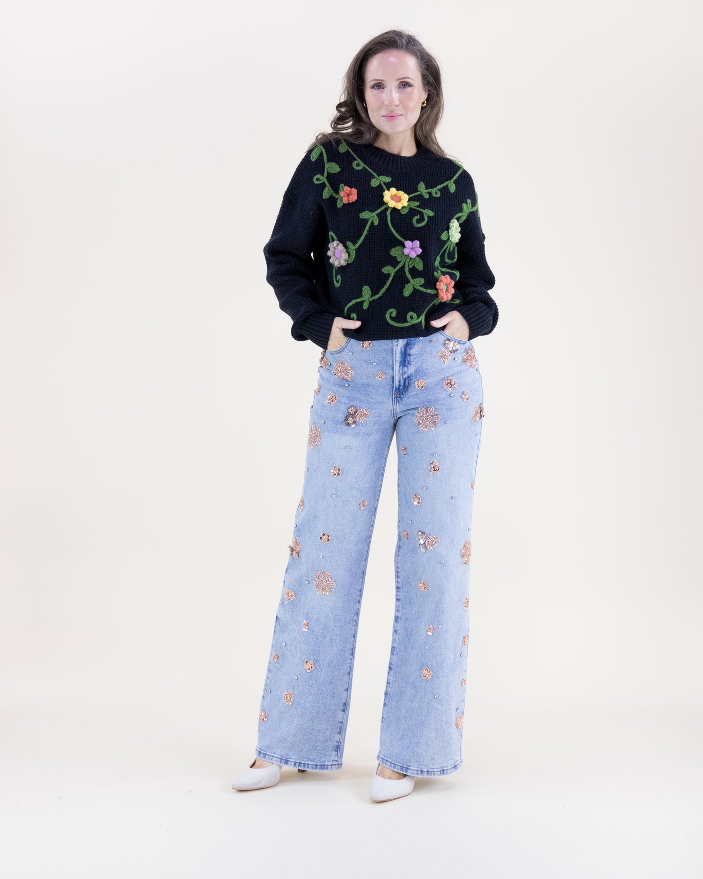 Hand Embroidered Floral Vines Crew Neck Sweater