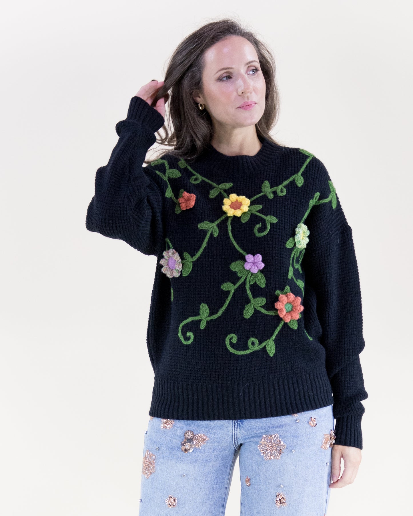 Hand Embroidered Floral Vines Crew Neck Sweater