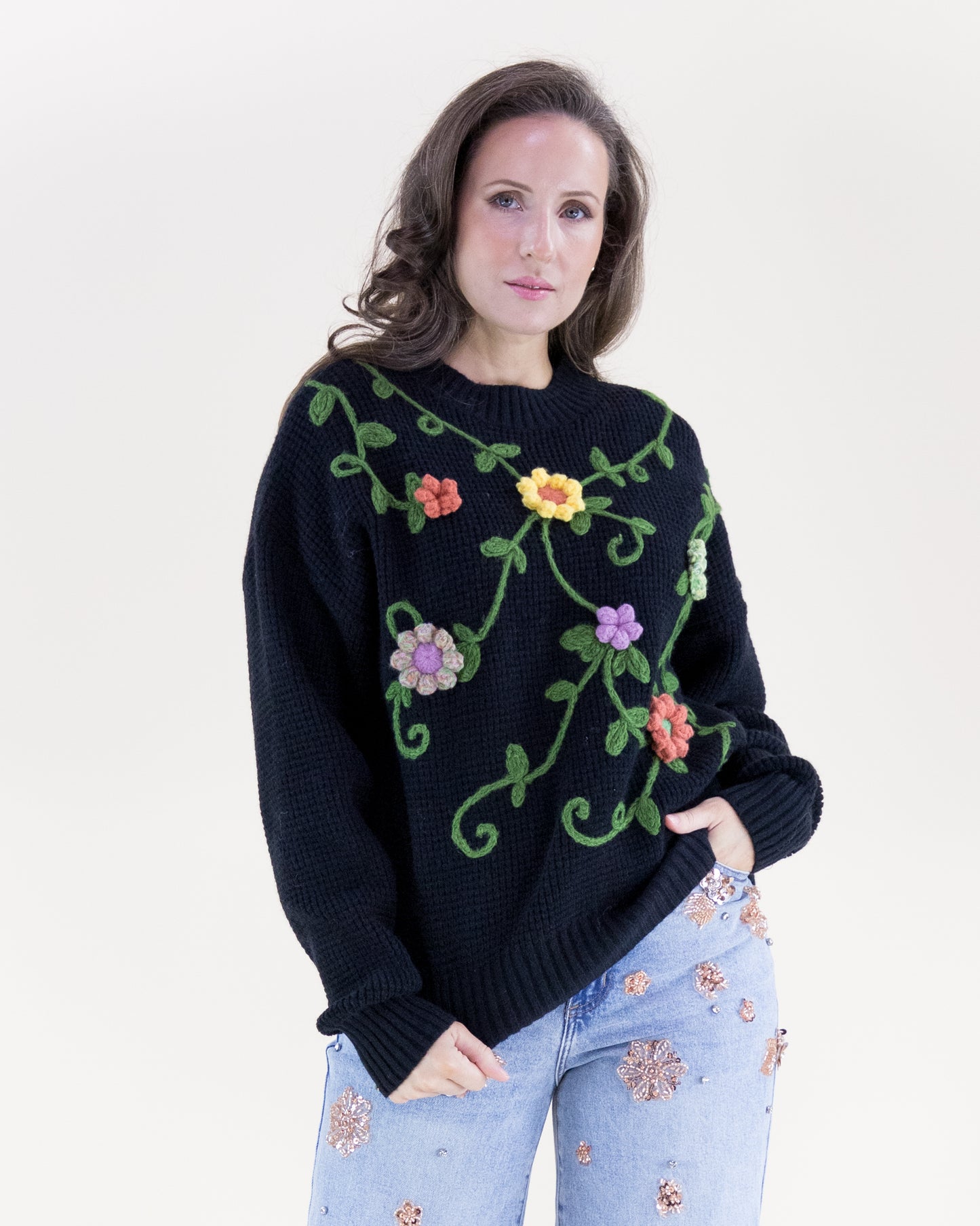 Hand Embroidered Floral Vines Crew Neck Sweater