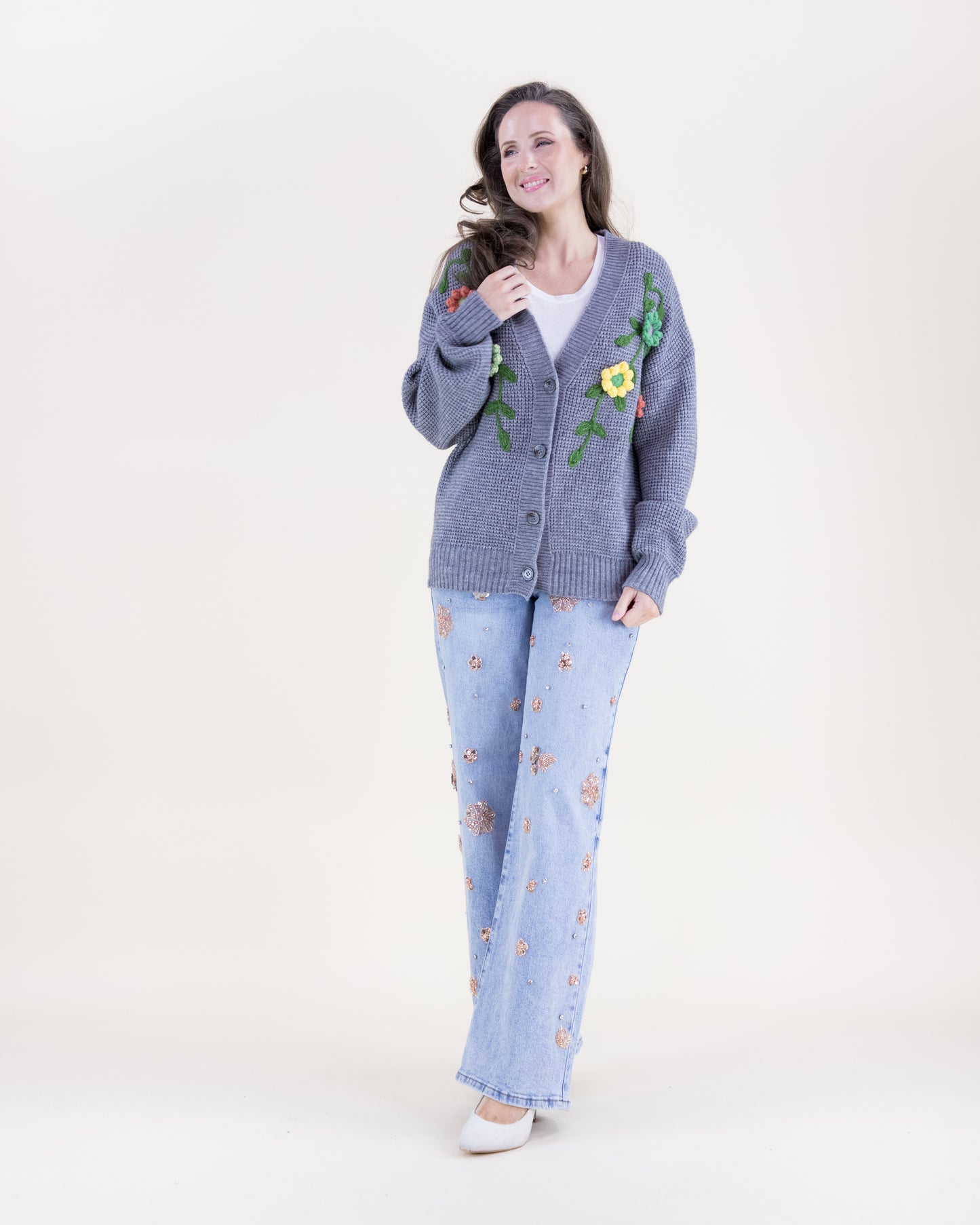 Hand Embroidered Floral Vines Cardigan