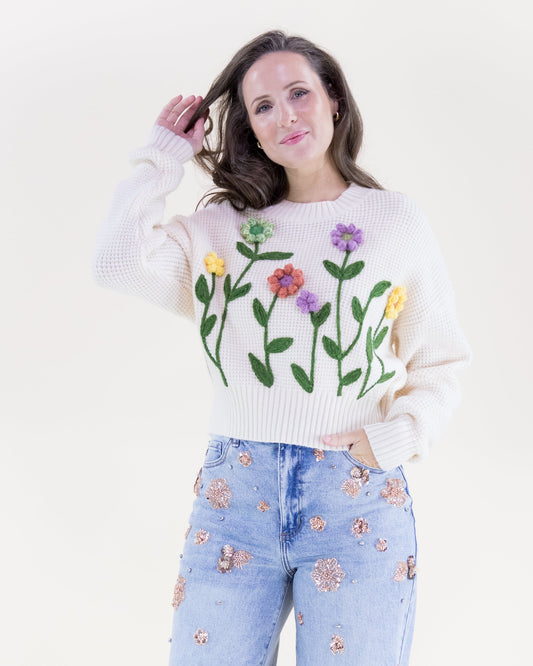 Hand Embroidered Garden Flower Crew Neck Sweater