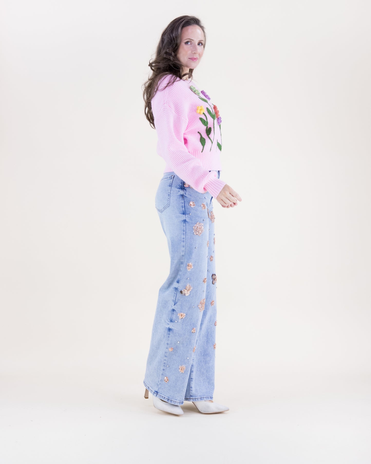 Hand Embroidered Garden Flower Crew Neck Sweater