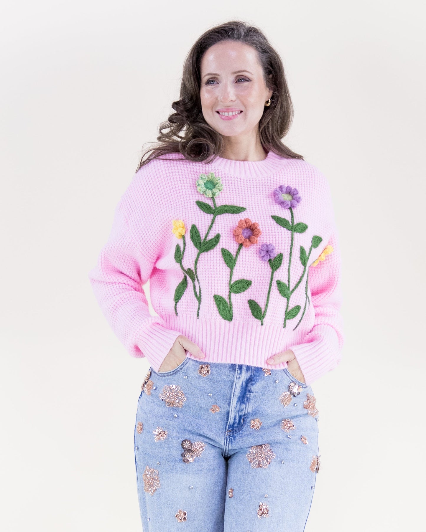 Hand Embroidered Garden Flower Crew Neck Sweater