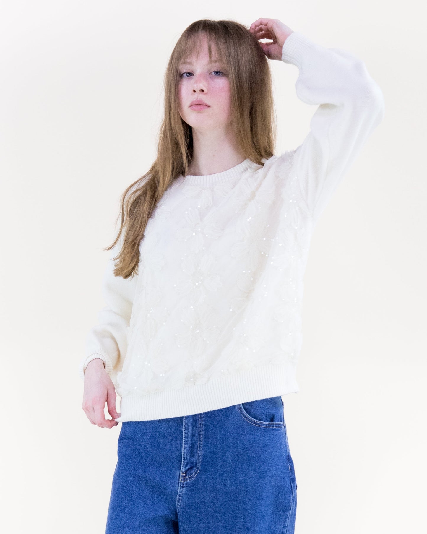 Delicate Floral Appliqué Sweater