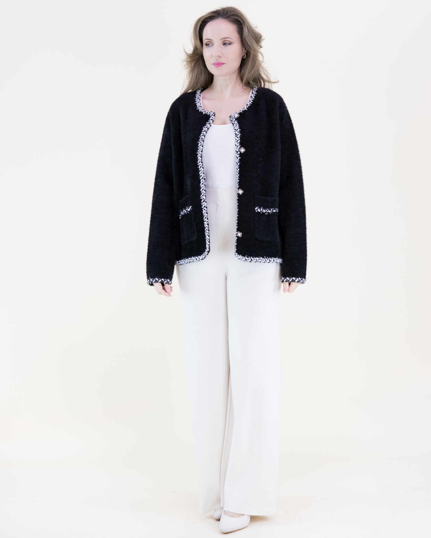 Soft Eyelash Braided Hems Clover Button Boxy Cardigan