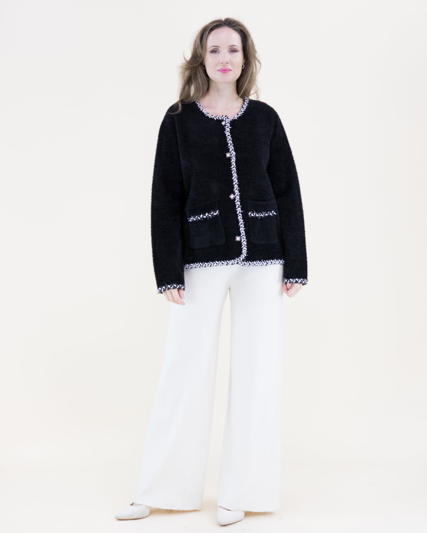 Soft Eyelash Braided Hems Clover Button Boxy Cardigan