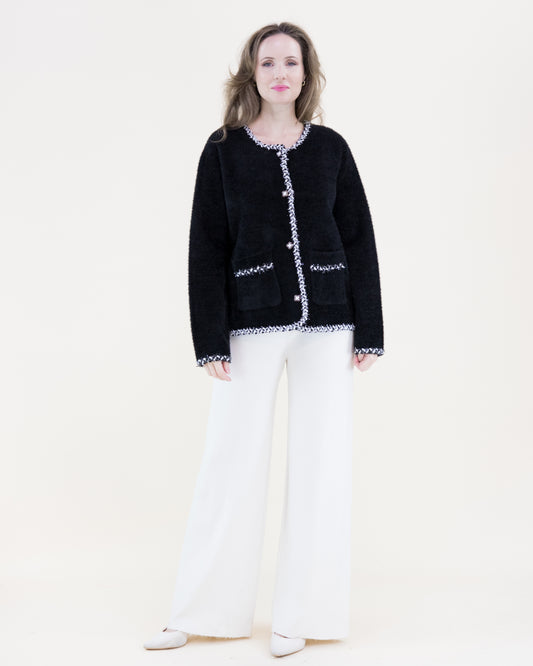 Soft Eyelash Braided Hems Clover Button Boxy Cardigan