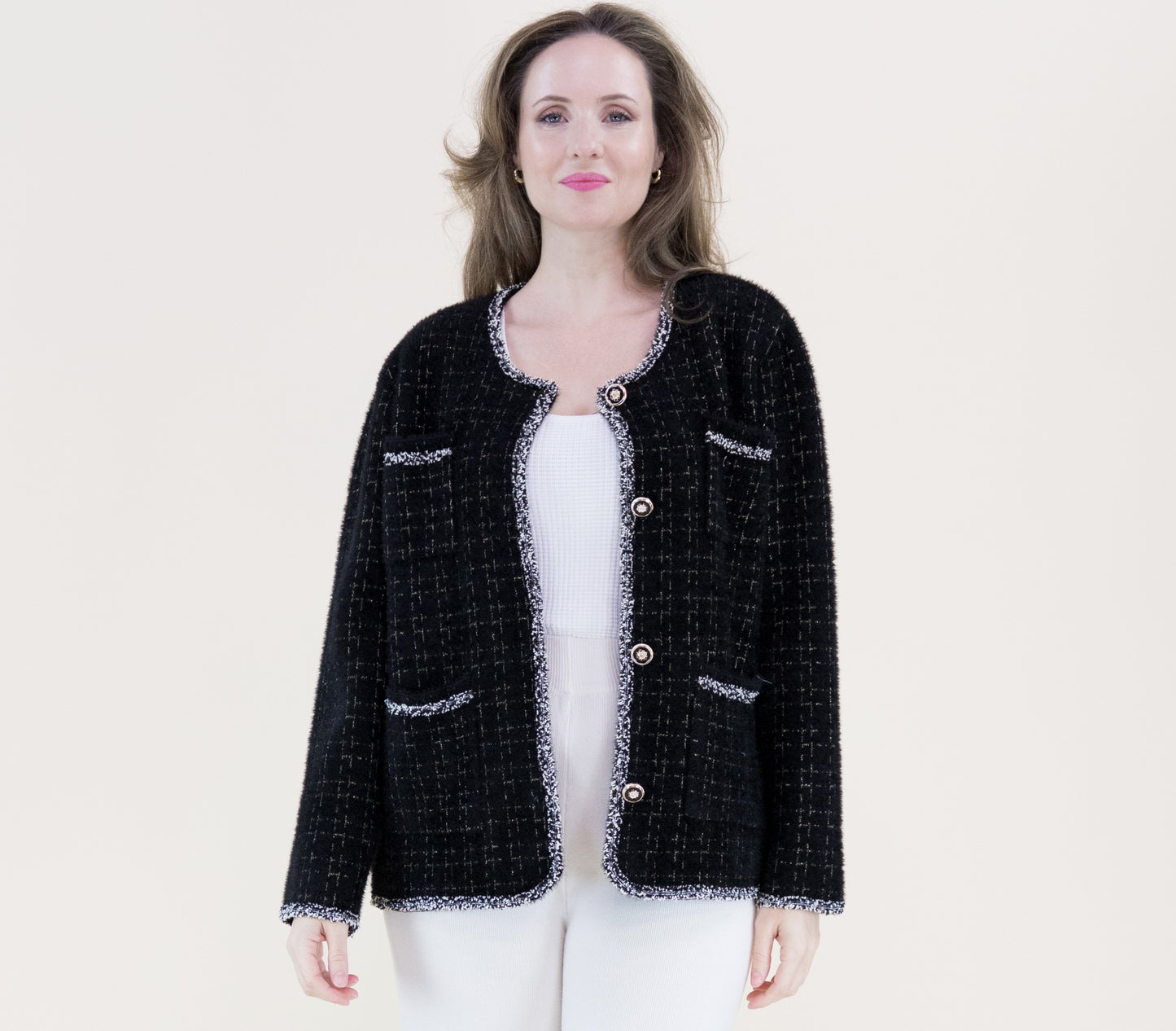 Soft Metallic Four Pocket Twill Pattern Boxy Cardigan