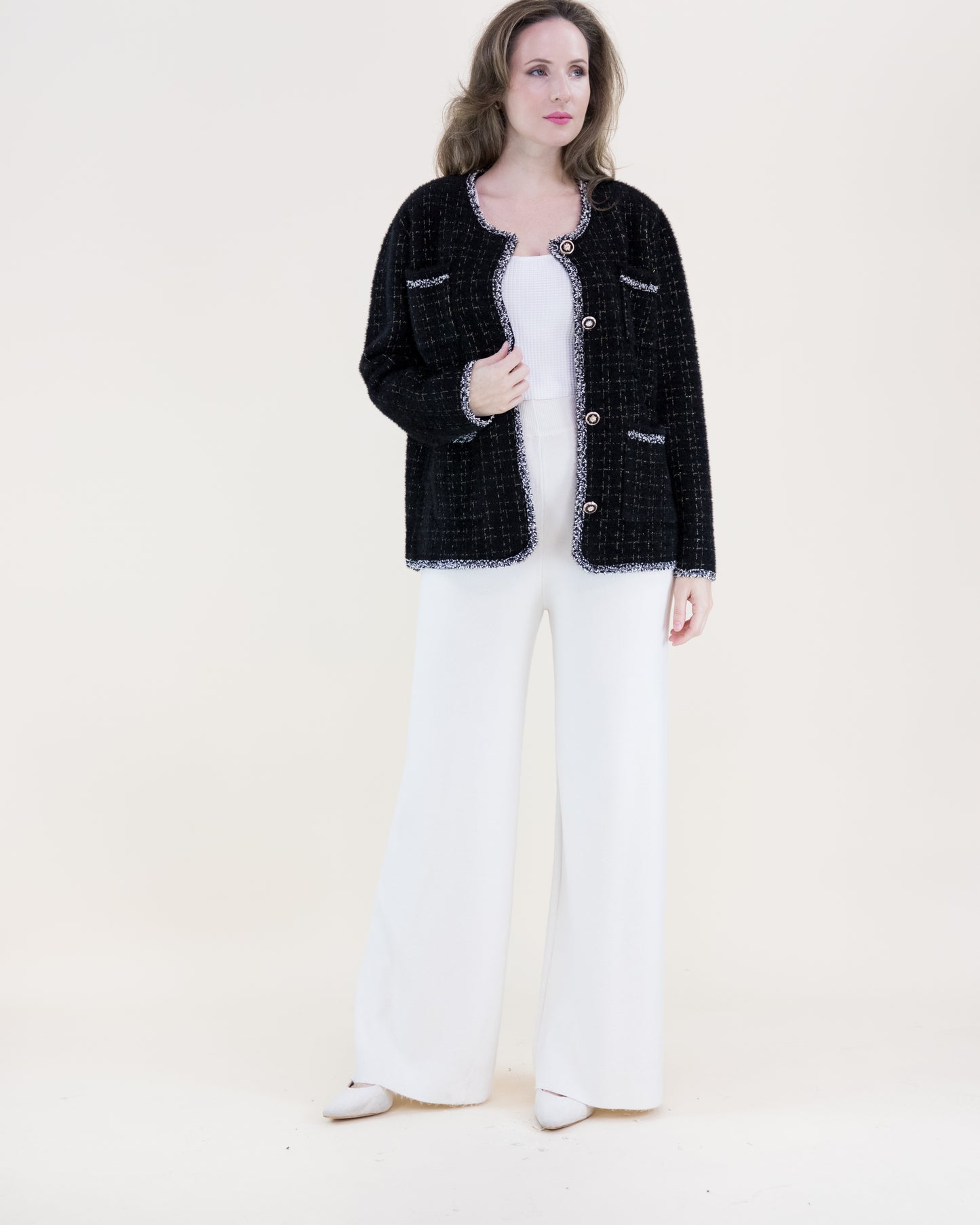 Soft Metallic Four Pocket Twill Pattern Boxy Cardigan