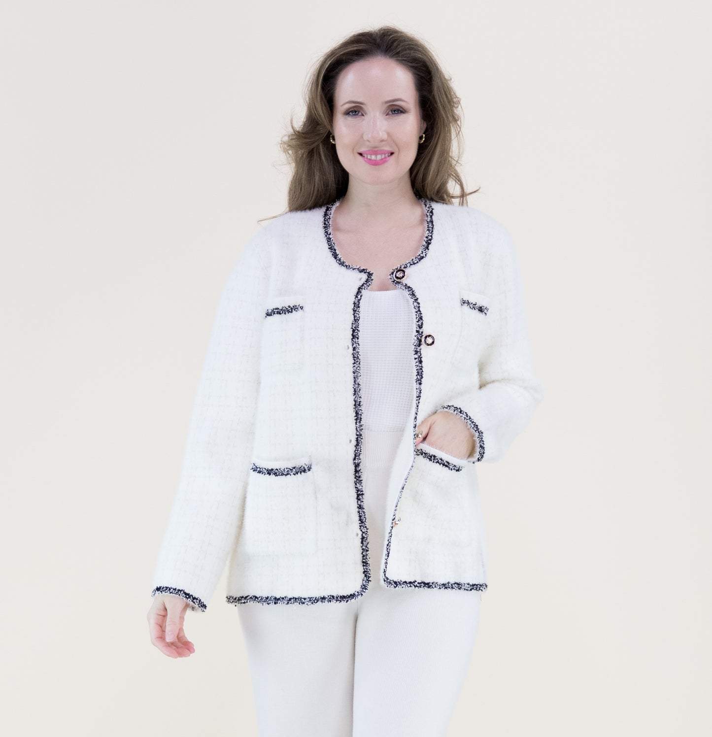 Soft Metallic Four Pocket Twill Pattern Boxy Cardigan