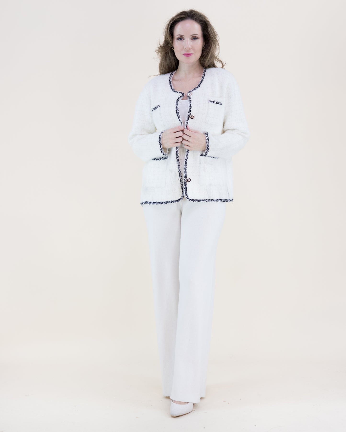 Soft Metallic Four Pocket Twill Pattern Boxy Cardigan