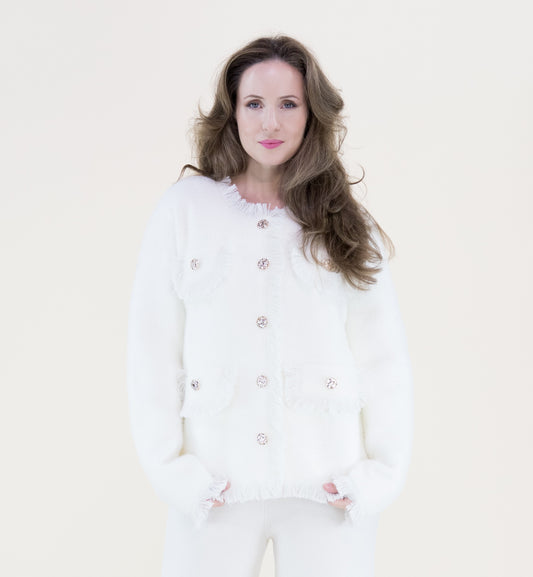 Soft Faux Pockets Fringe Hems Boxy Cardigan