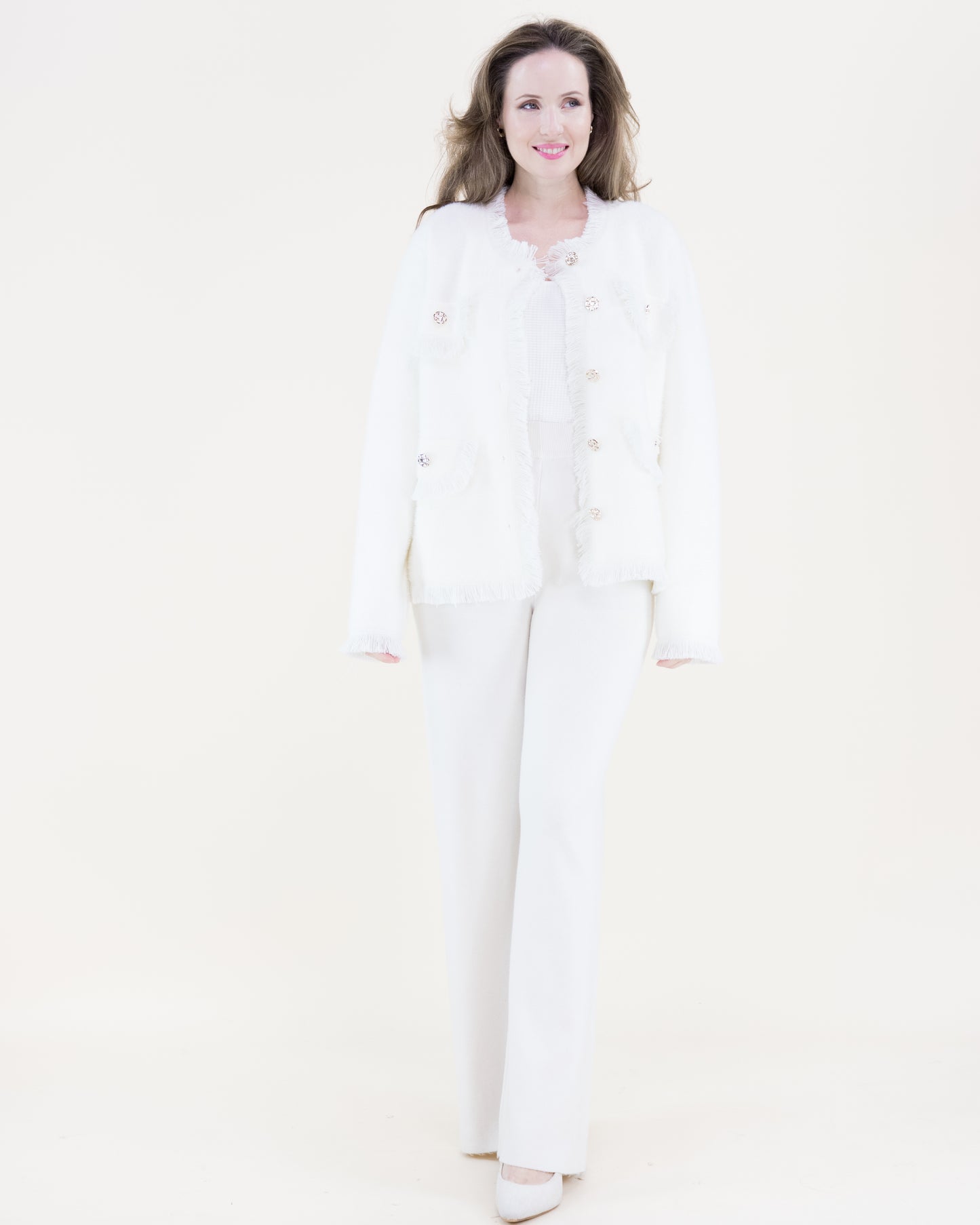 Soft Faux Pockets Fringe Hems Boxy Cardigan