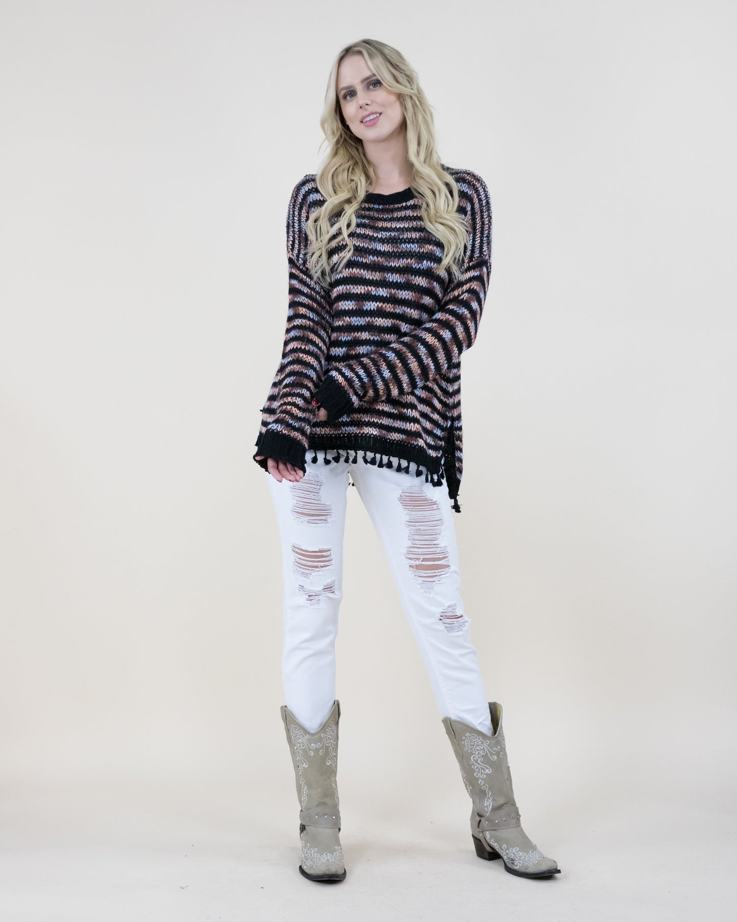 Tassel Trim Stripe Pattern Knitted Sweater
