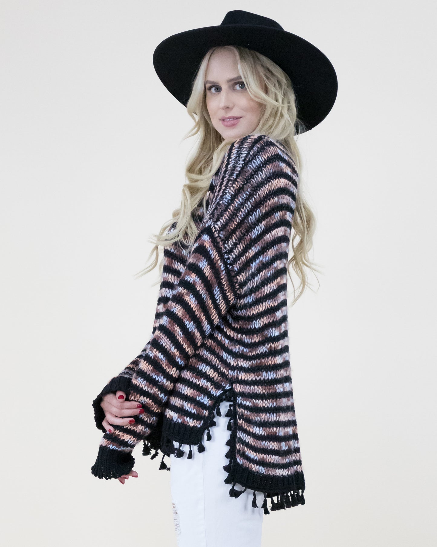 Tassel Trim Stripe Pattern Knitted Sweater