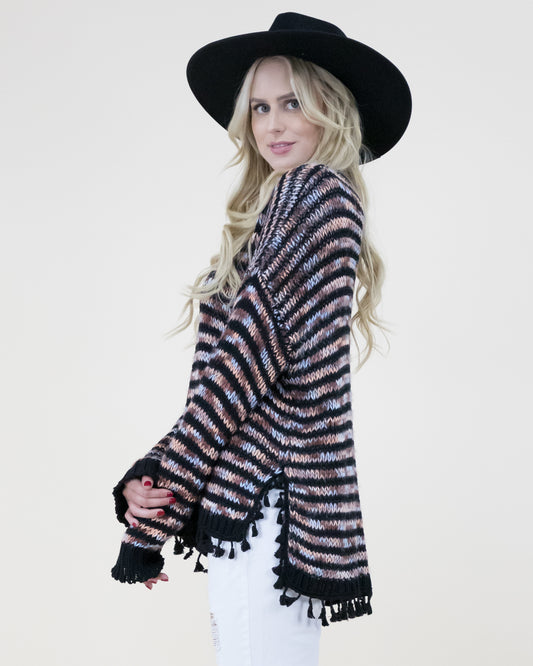Tassel Trim Stripe Pattern Knitted Sweater