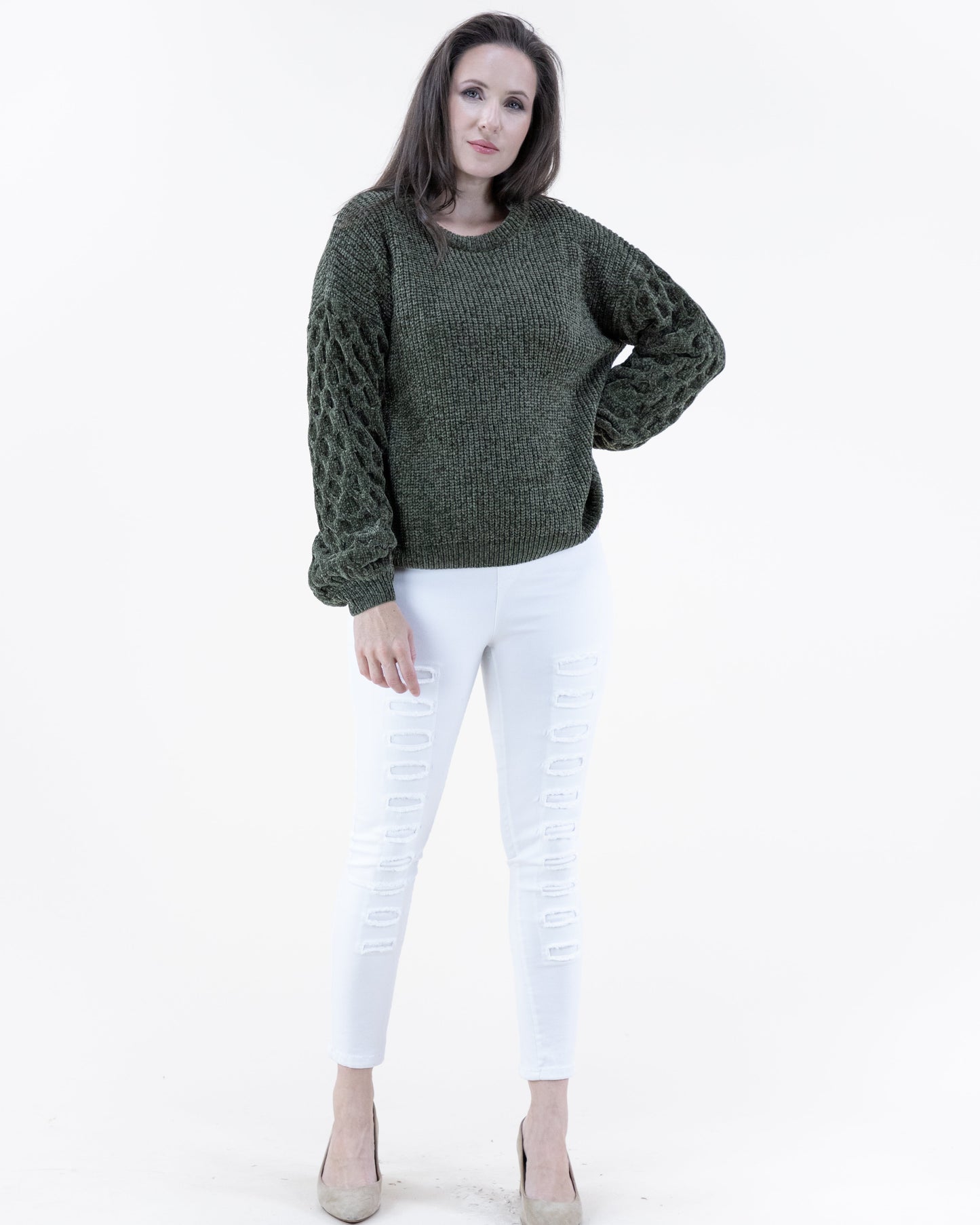 Chenille Sweater w/ Braid Knitted Sleeves