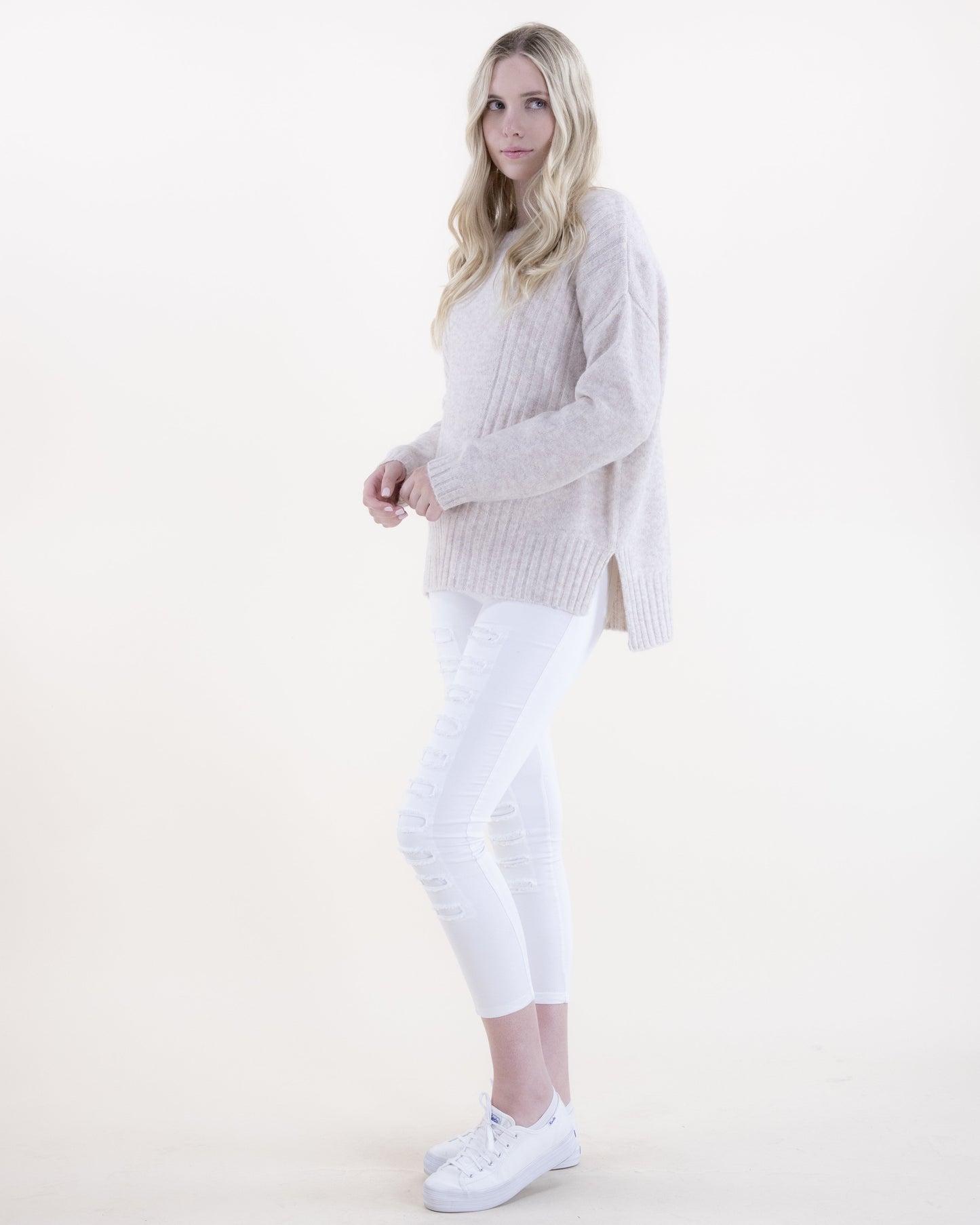 Crew Neck Sweater w/ Ribbed Front Detail