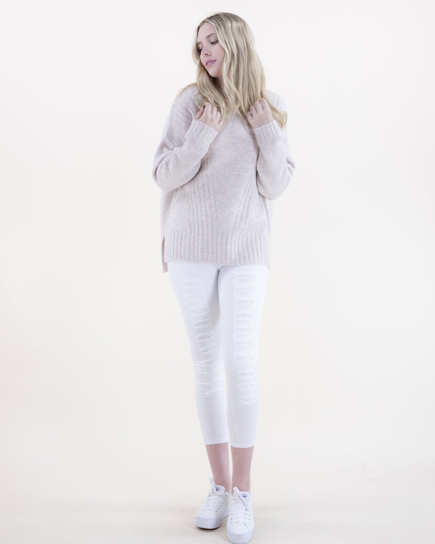 Crew Neck Sweater w/ Ribbed Front Detail