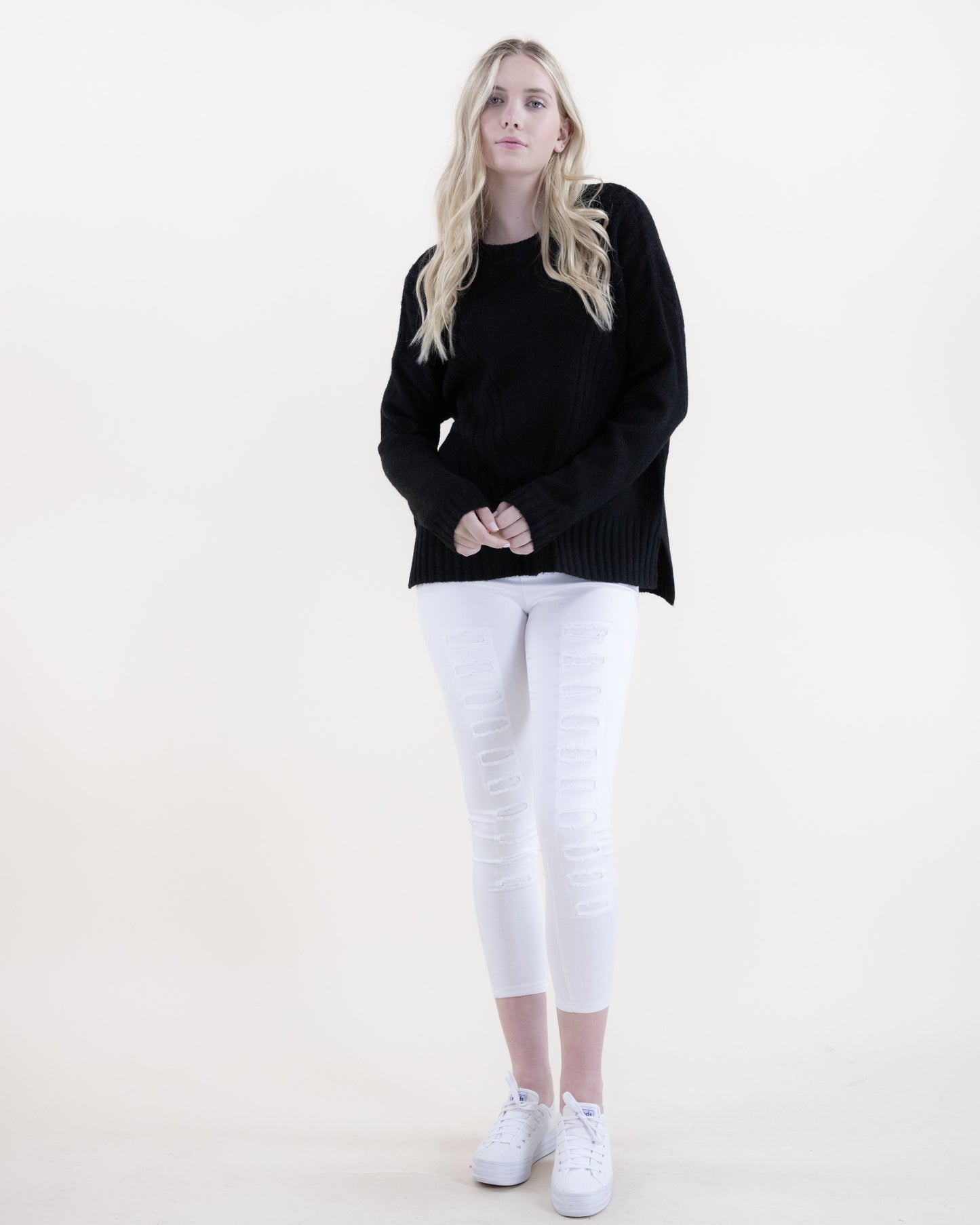 Crew Neck Sweater w/ Ribbed Front Detail