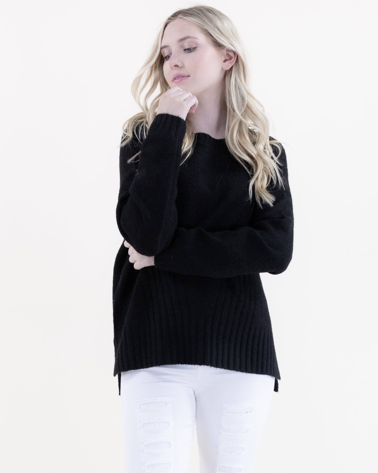 Crew Neck Sweater w/ Ribbed Front Detail