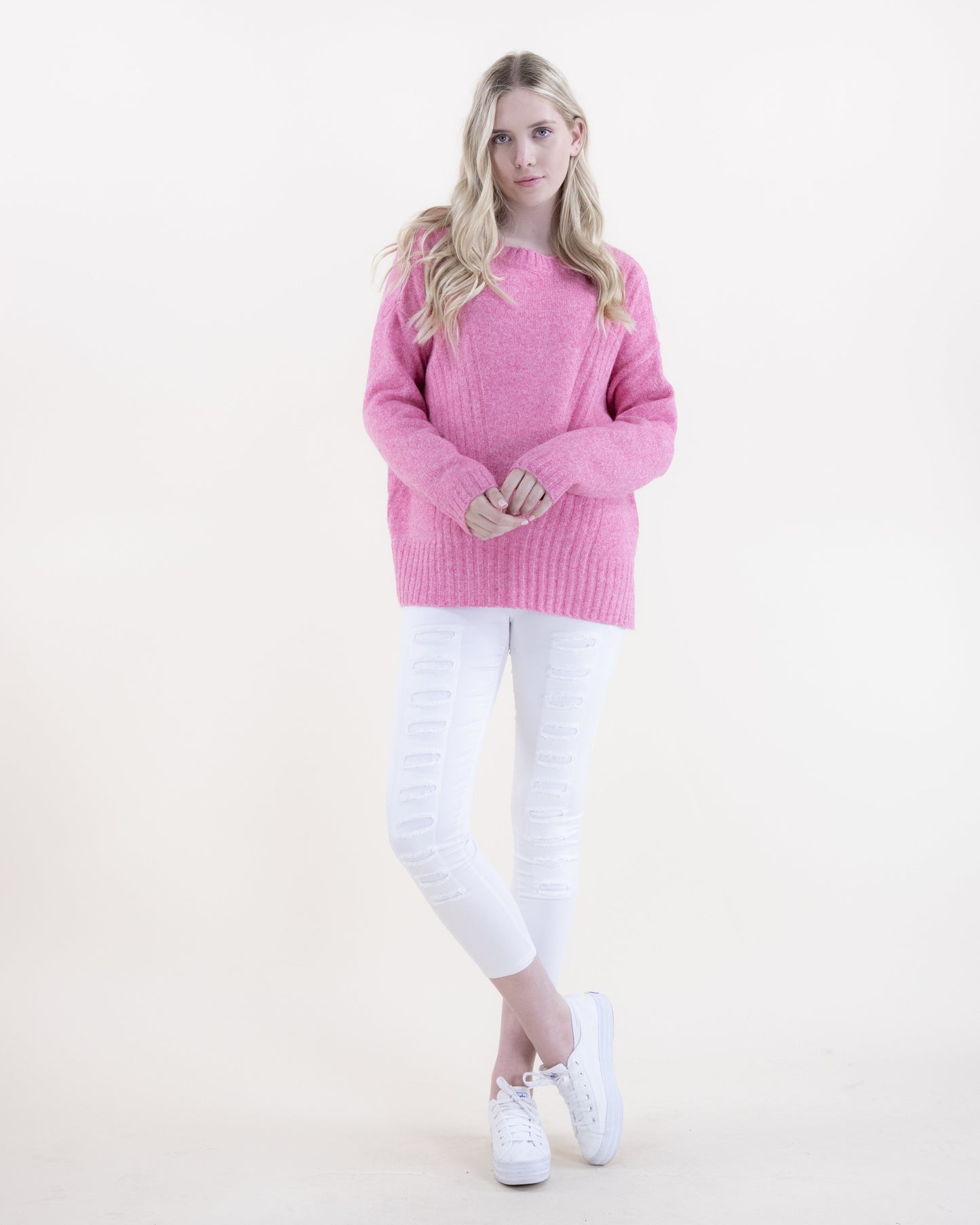 Crew Neck Sweater w/ Ribbed Front Detail