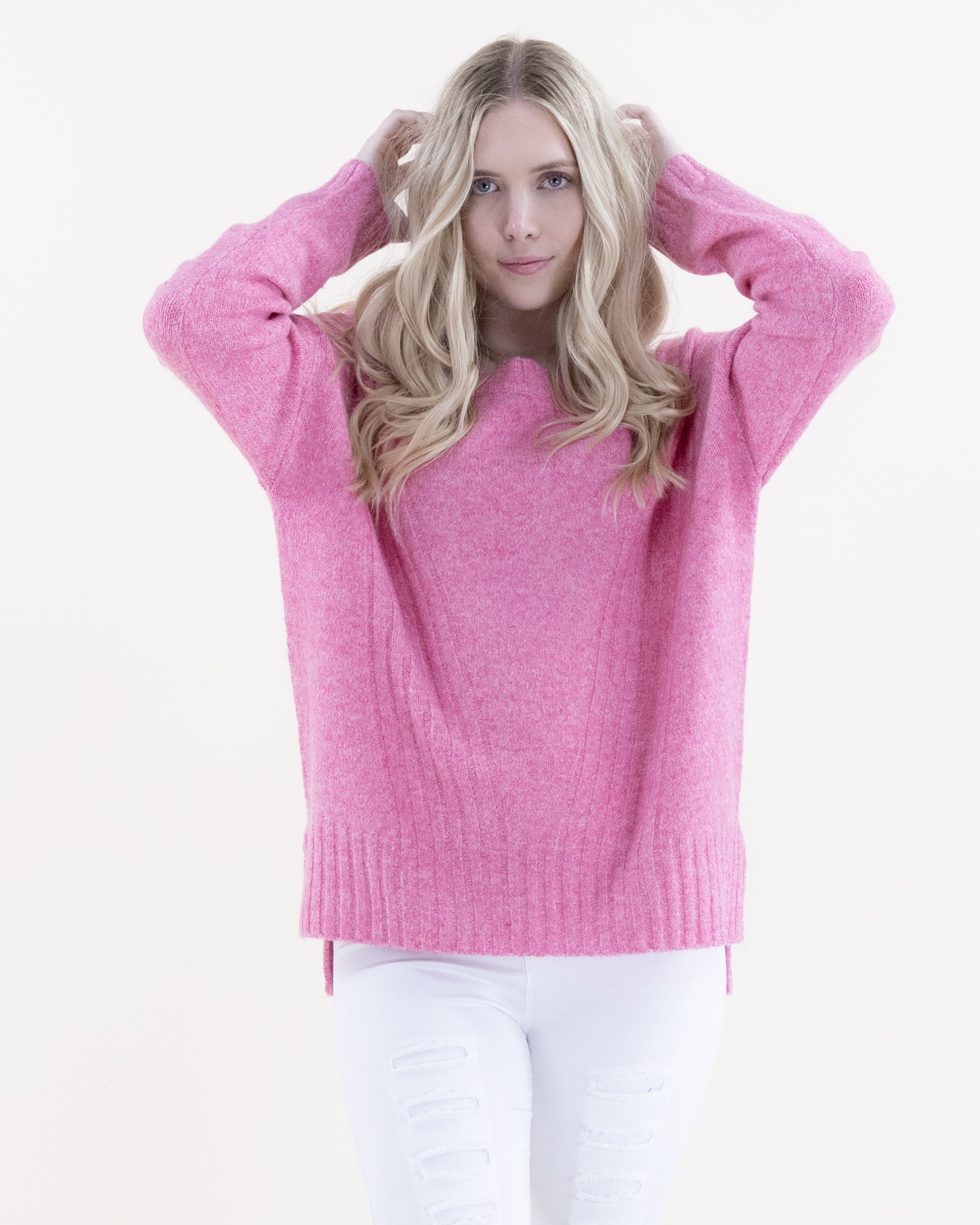 Crew Neck Sweater w/ Ribbed Front Detail