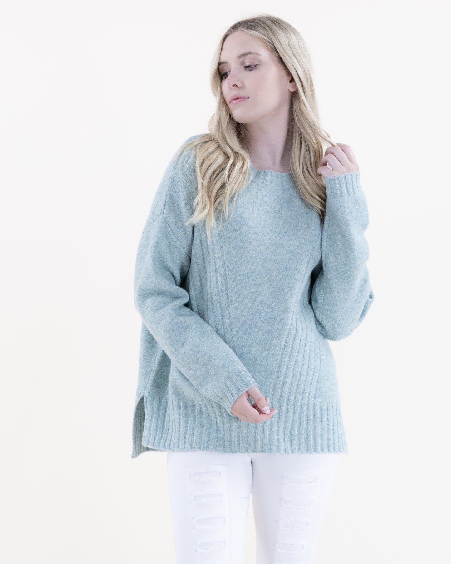 Crew Neck Sweater w/ Ribbed Front Detail