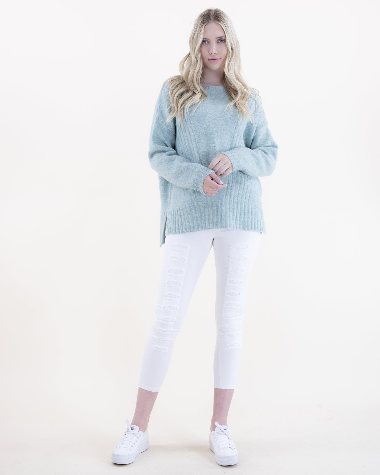 Crew Neck Sweater w/ Ribbed Front Detail