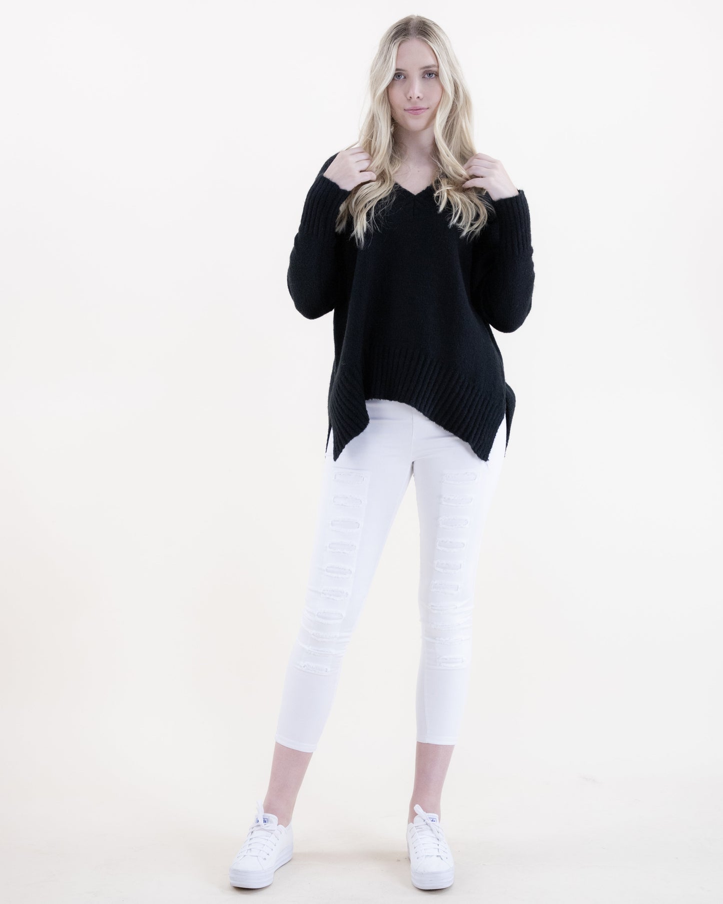 V-Neck Sweater w/ Ribbed Hems