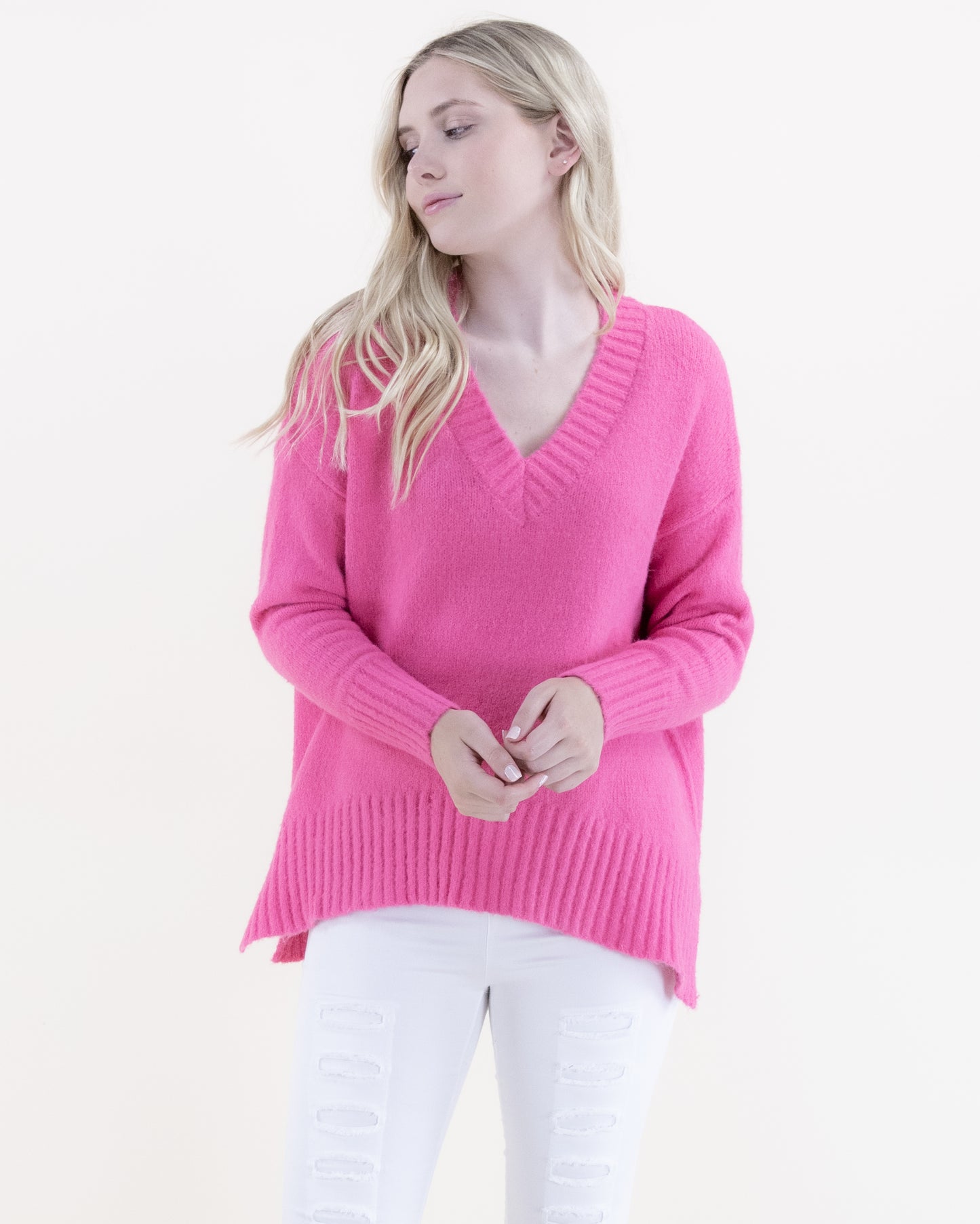 V-Neck Sweater w/ Ribbed Hems