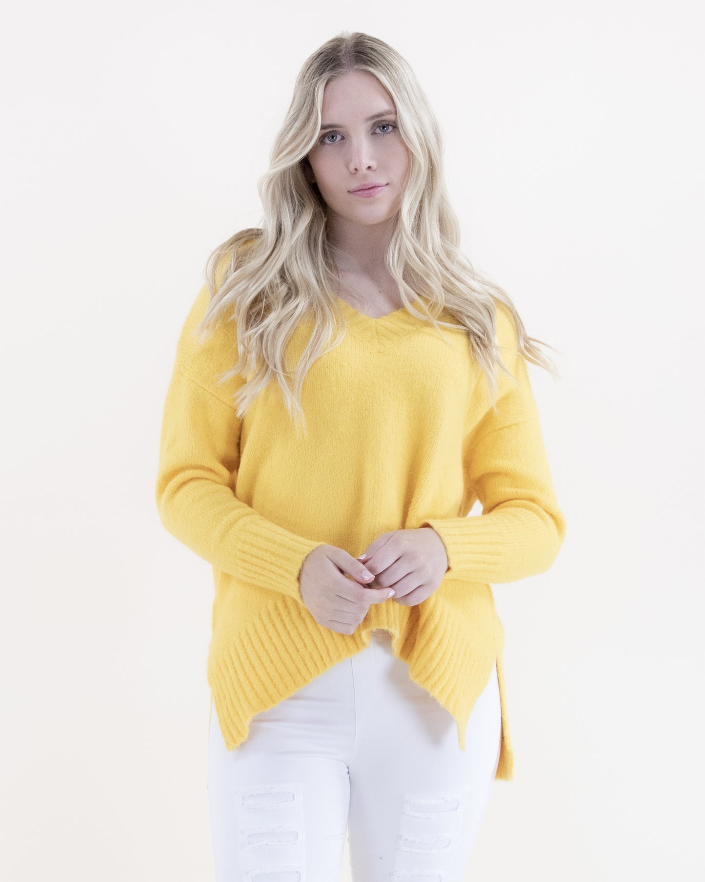 V-Neck Sweater w/ Ribbed Hems